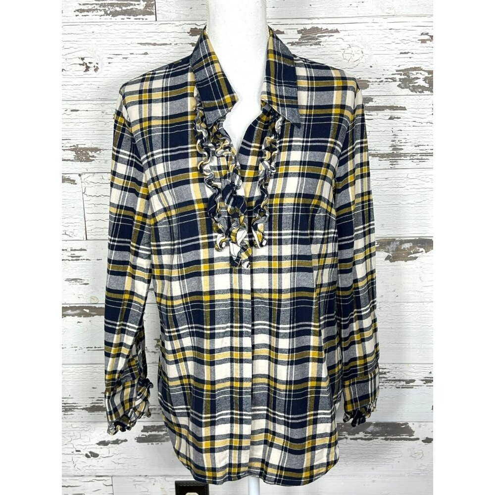 CABI Seattle Plaid Flannel Button Up Shirt Navy Yellow Sz M #4233 EUC - Picture 2 of 6